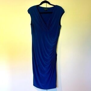 Rouched Pleated Knee length dress. Small shoulder pads. Very flattering!